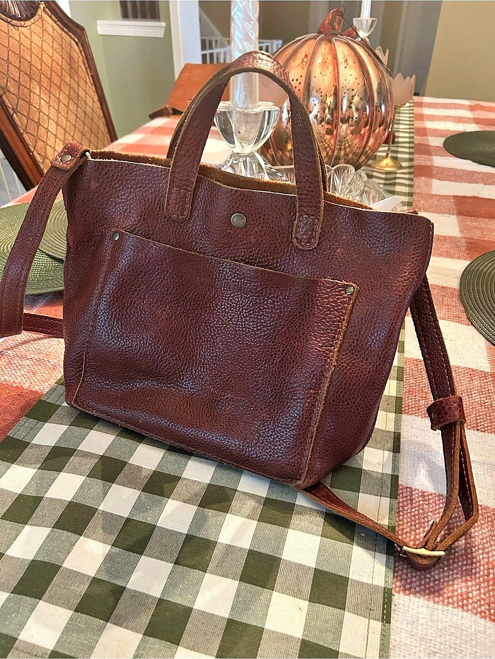 Portland Leather Goods mini crossbody tote in the color nutmeg